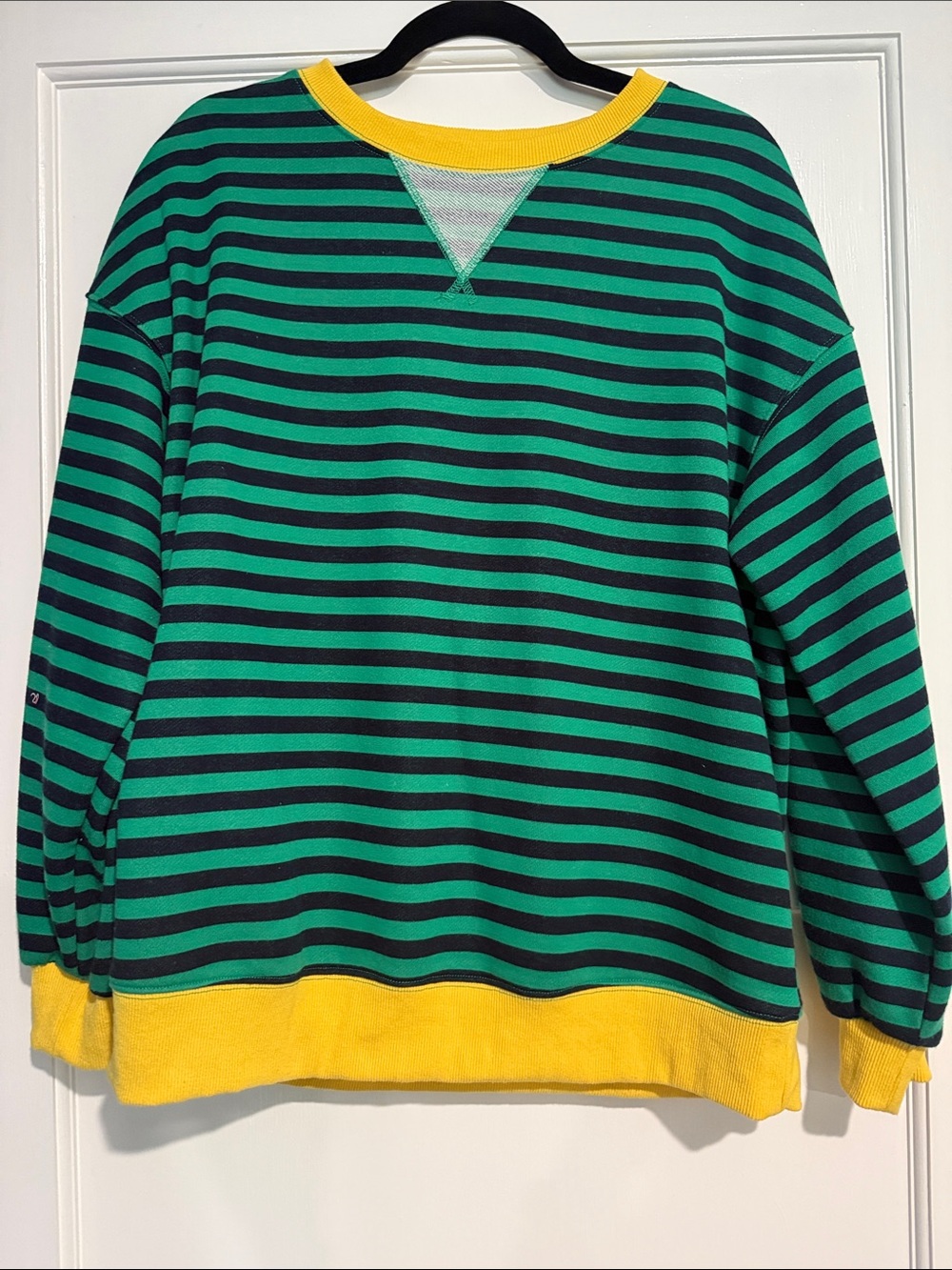Green and Black Striped Men's Sweater with Yellow Trim